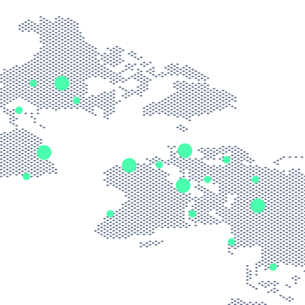 Abstract dotted world map with green circles highlighting key locations and network points.
