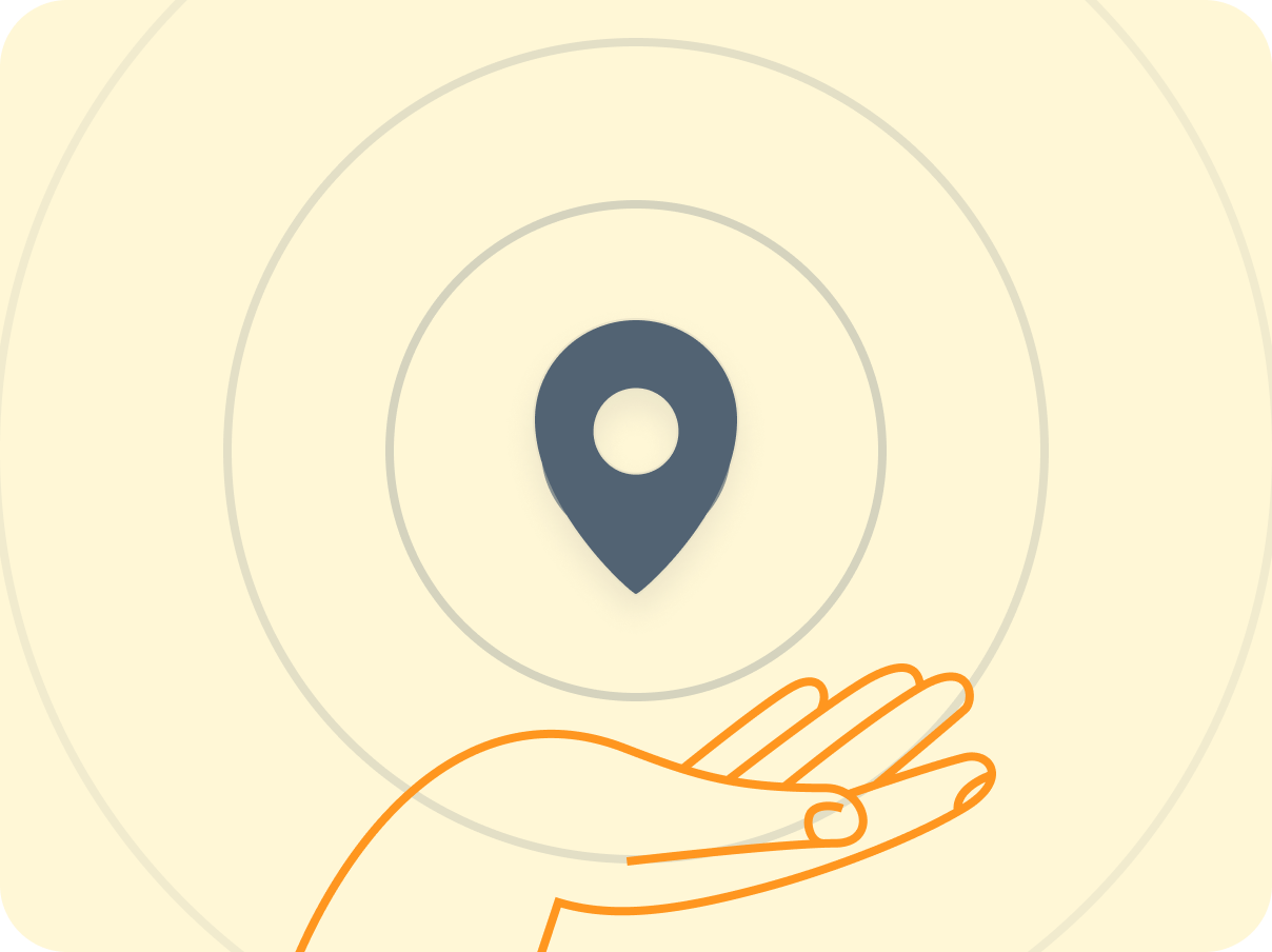 Illustration of a hand holding a dark location pin icon with radiating circles on a light yellow background icon for elite proxies.