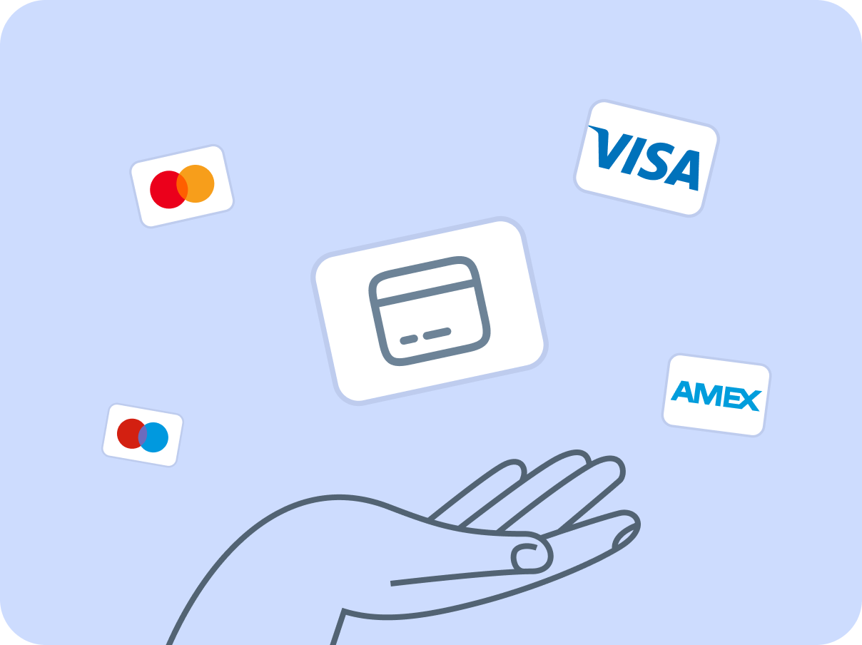 Illustration of a hand holding a credit card icon with surrounding floating cards displaying mastercard, visa, and amex logos, on a light blue background icon for buy proxy with credit card.