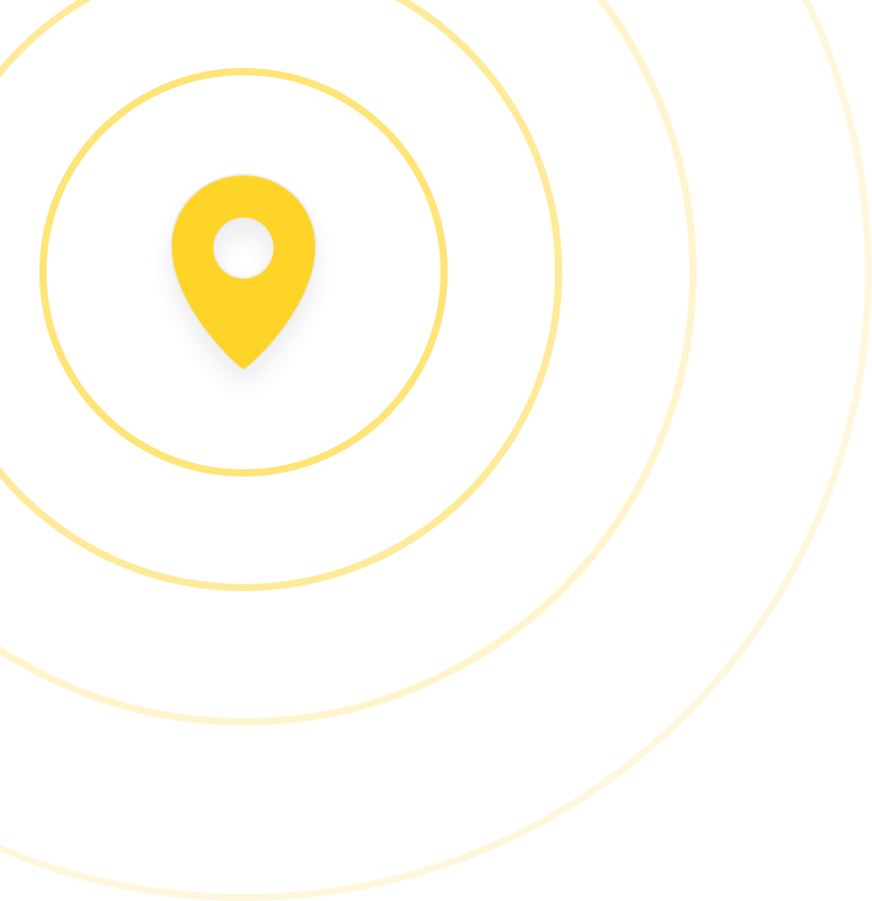 Yellow location pin icon at the center of concentric yellow circles on a black background, representing gps and location tracking icon for buy proxy with credit card.
