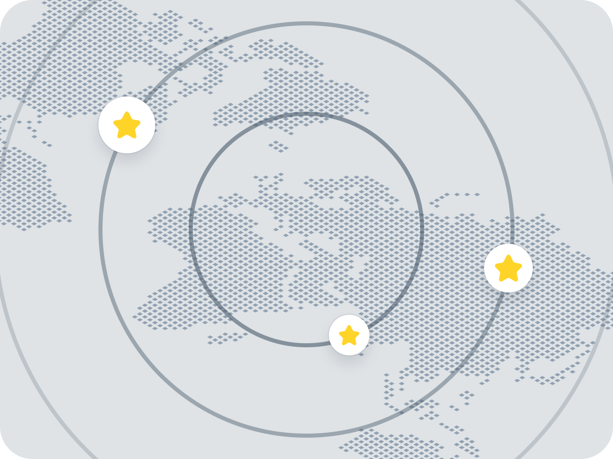 Illustration of a world map with dotted continents, radiating circles, and yellow star icons highlighting multiple locations icon for paid proxy servers.